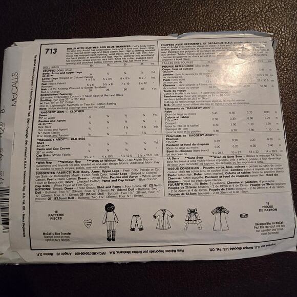 McCall's Crafts 71 Raggedy Ann‎ and Andy uncut - Picture 2 of 3